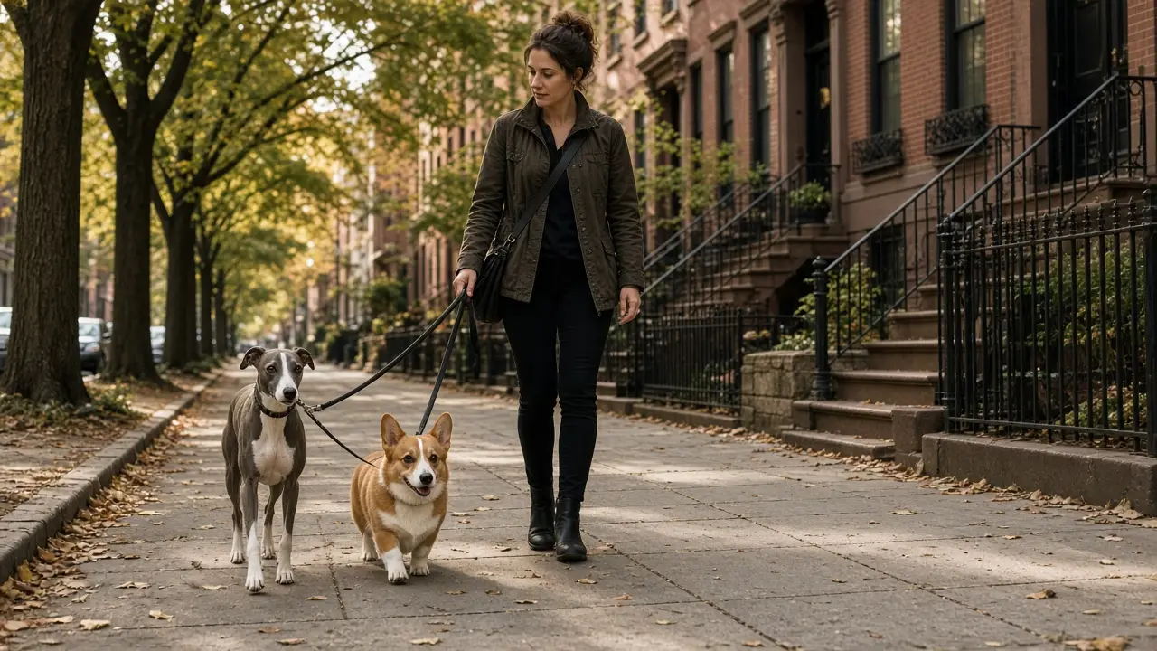 A walker walks a whippet and a corgi from the same household on a tree-lined street.